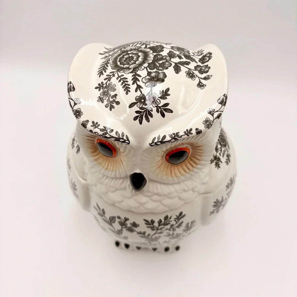 Spooky Street Owl Cookie Jar White Black Floral Toile Ceramic 78oz Halloween New